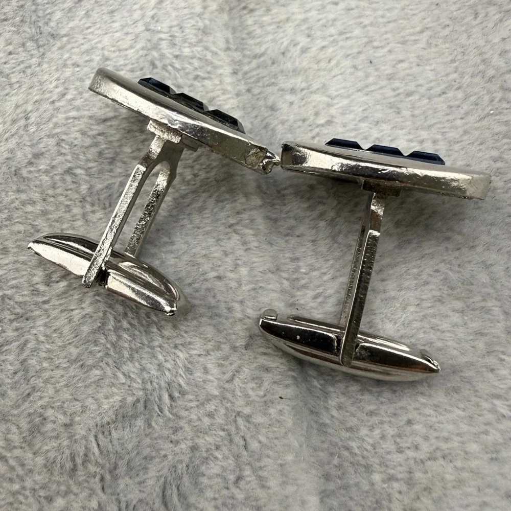 Vintage Cufflink‎ Tiebar Clip Set Silver Tone Blue Rhinestone